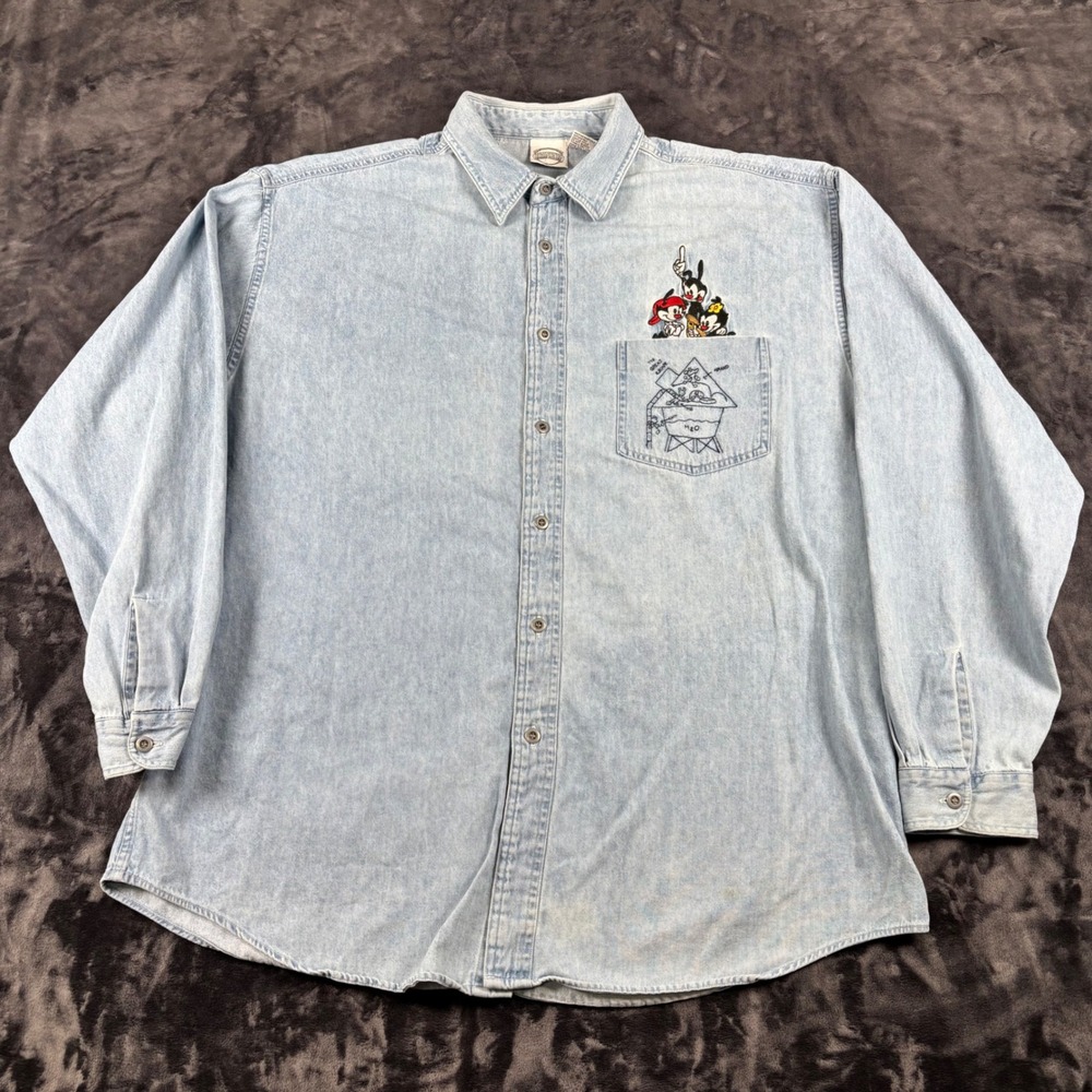 Vintage 90s Animaniacs Denim Button Down Shirt Mens XL Blue  Embroidered Pocket